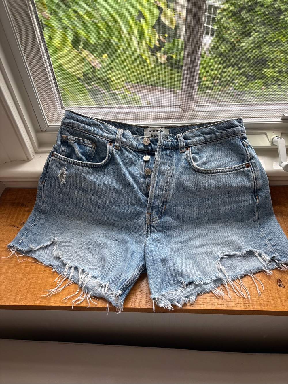 Reformation Light Blue Distressed Denim Cutoff Shorts